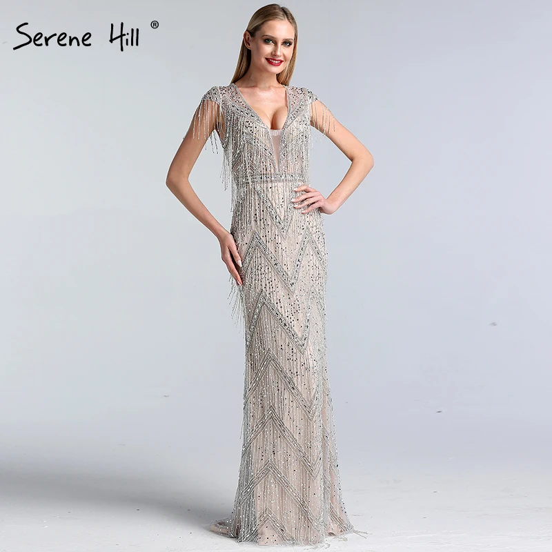 Роскошные вечерние платья с v-образным вырезом, украшенные серебряными бусинами и кисточками,, новейший дизайн, вечерние платья без рукавов в стиле русалки, Serene hilm LA60830