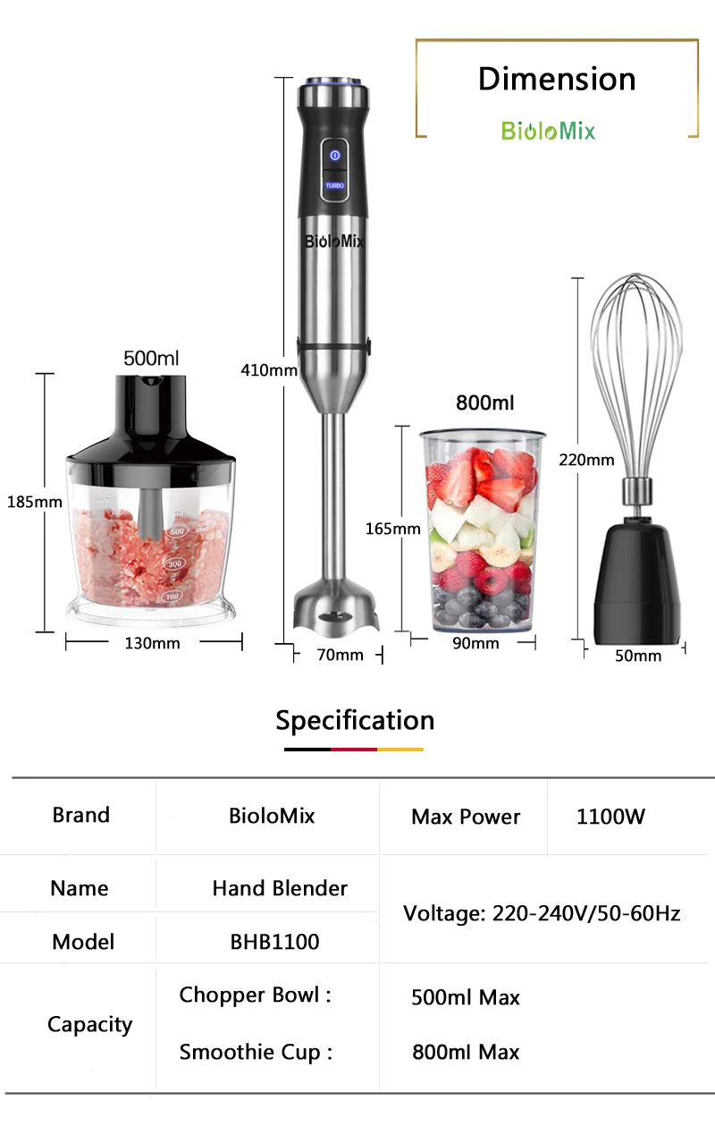 1100 Вт высокоскоростная погружная ручная палочка блендер миксер включает 500 мл измельчитель и венчик 600 мл чашка для смузи лезвия из нержавеющей стали
