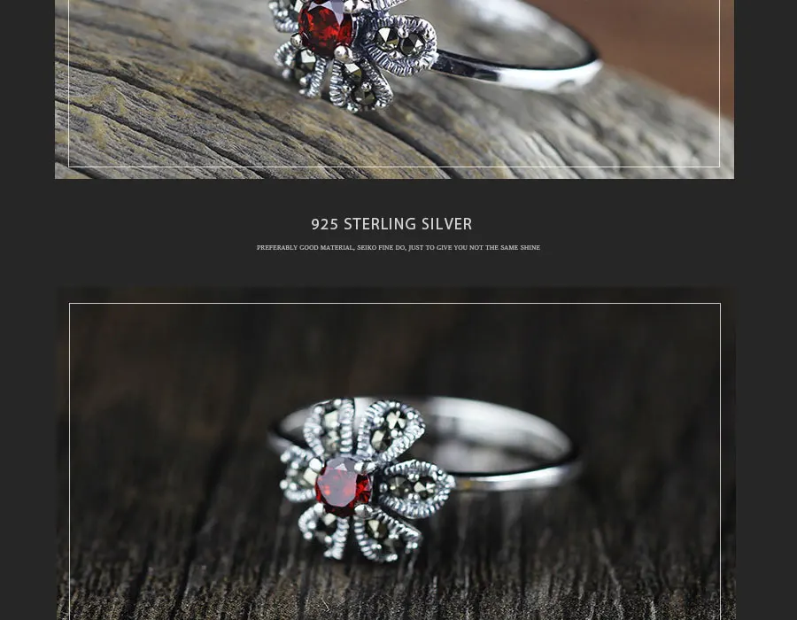 Винтажный цветочный дизайн, красный камень, гранат, Настоящее серебро 925 пробы, ювелирные изделия для женщин, подарок на день Святого Валентина, кольцо для женщин SR678