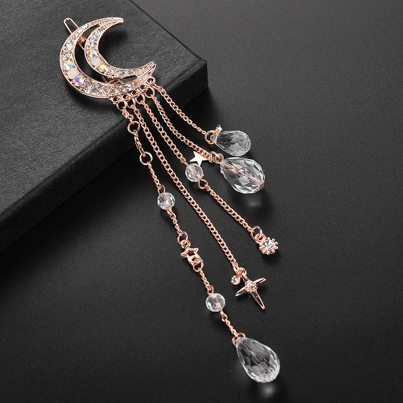 RE 2018 Hot Fashion Moon Crystal Rhinestone Tassel Long Chain Beads Dangle Hair Pins Clip Girls Women Jewelry Accessories S1440 - Image 3