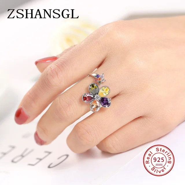 New Arrival Flower Shaped Cut Design Opening Rings 7 Colors Multicolor CZ 925 Sterling Silver Ring for Women Fashion Jewelry