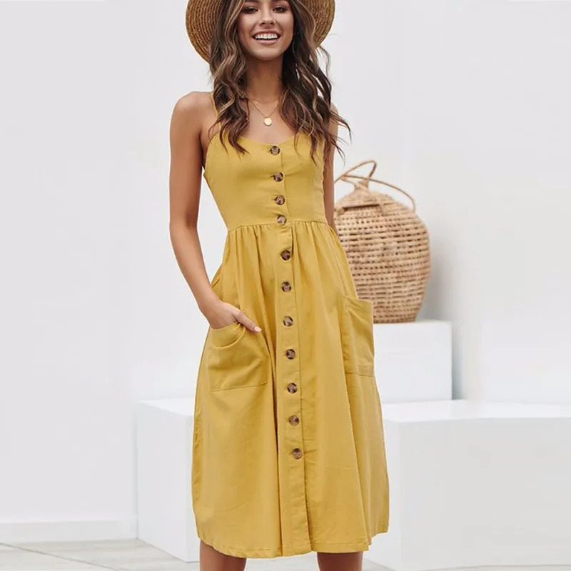 Offerte BEFORW Pulsante Cinghie Delle Donne di Boho Vestito Floreale 2019 di Estate Sexy Della Banda Della Tasca Vestito Dalla Spiaggia Delle Signore casual Abiti Vestito Estivo abiti