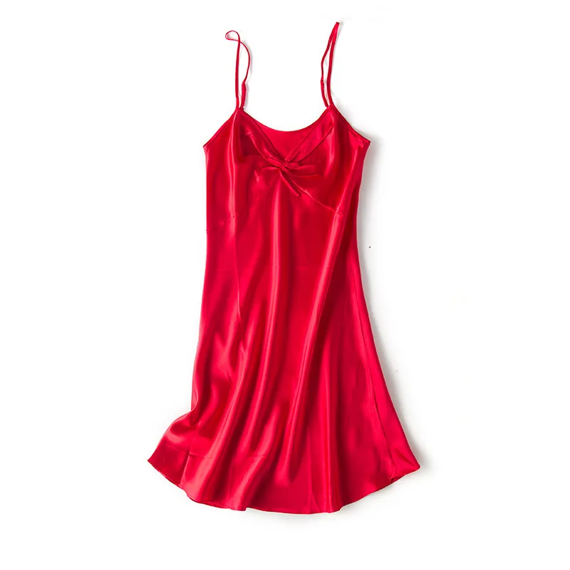 

summer strap nightdress woman 100% silk soft breathable high quality bow solid color sexy knee length nightgown sleepshirt i71