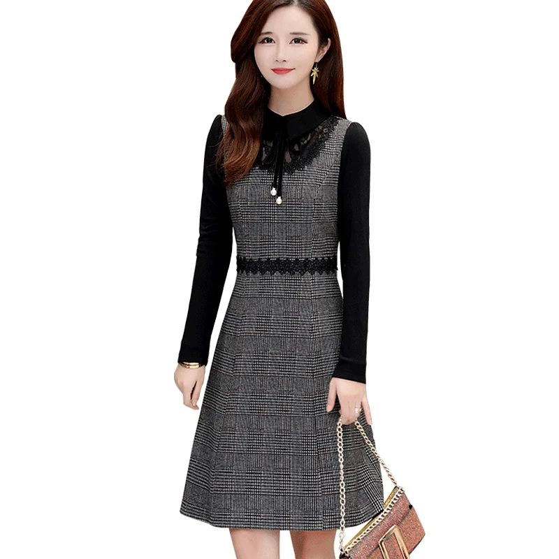 

WMSWJH Lady Office Women Dress Spring And Autumn Dress Sexy Long Sleeve Stitching Lace Elegant Dresses Fashion Vestidos A479