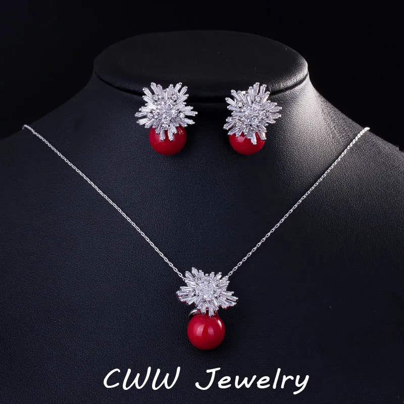 CWW новые модные ювелирные изделия кубический циркон цветок большой красный жемчуг кулон ожерелье и серьги набор для дам лучший друг подарок T209 - Окраска металла: RED