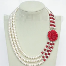 8 мм 3 ряда круглый белый пресноводный жемчуг ожерелье из красного коралла j884 Свадебные украшения кристалл женщин