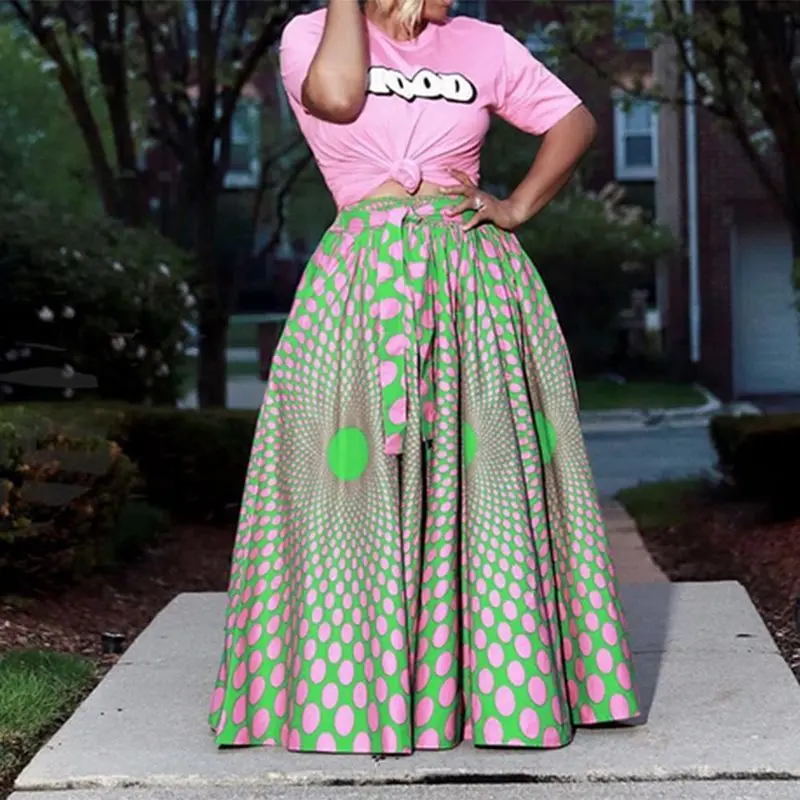 

Summer Casual Boho Green African Office Ladies Women Long Skirts Elegant Vintage Polka Dots Print Female Fashion Retro Skirts