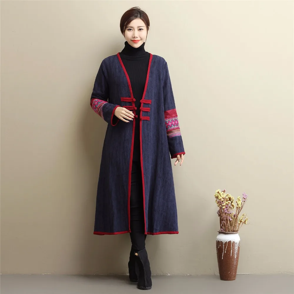 

Cotton and linen cloth ms original design Chinese wind cardigan long trench coat embroidered button v-neck outer coat