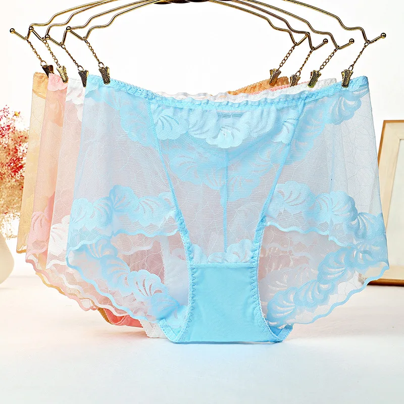

Sexy lace high waist ladies panties rose hollow transparent large size triangle briefs high quality soft silky underwear women