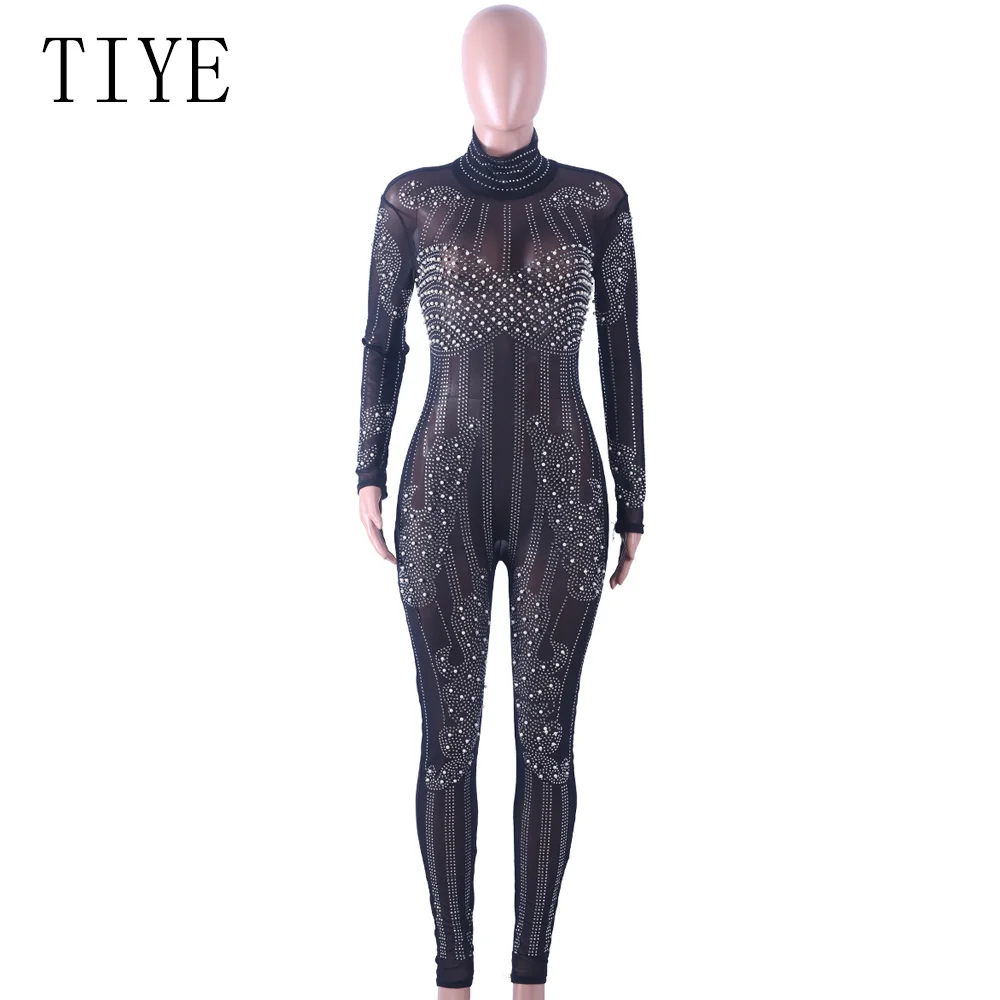 TIYE Sparkly Rhinestone Diamonds Sexy Party Jumpsuit Women Elegant Beaded Embellish Mesh Patchwork See Through Bodycon Overalls