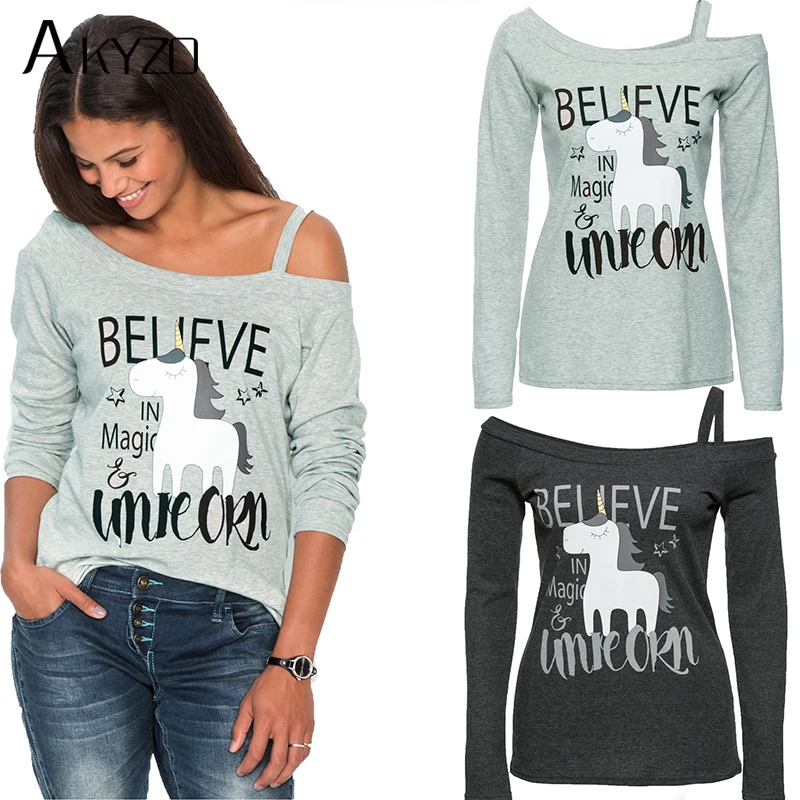 AKYZO 2018 autumn Long Sleeve Unicorn Print T Shirt women