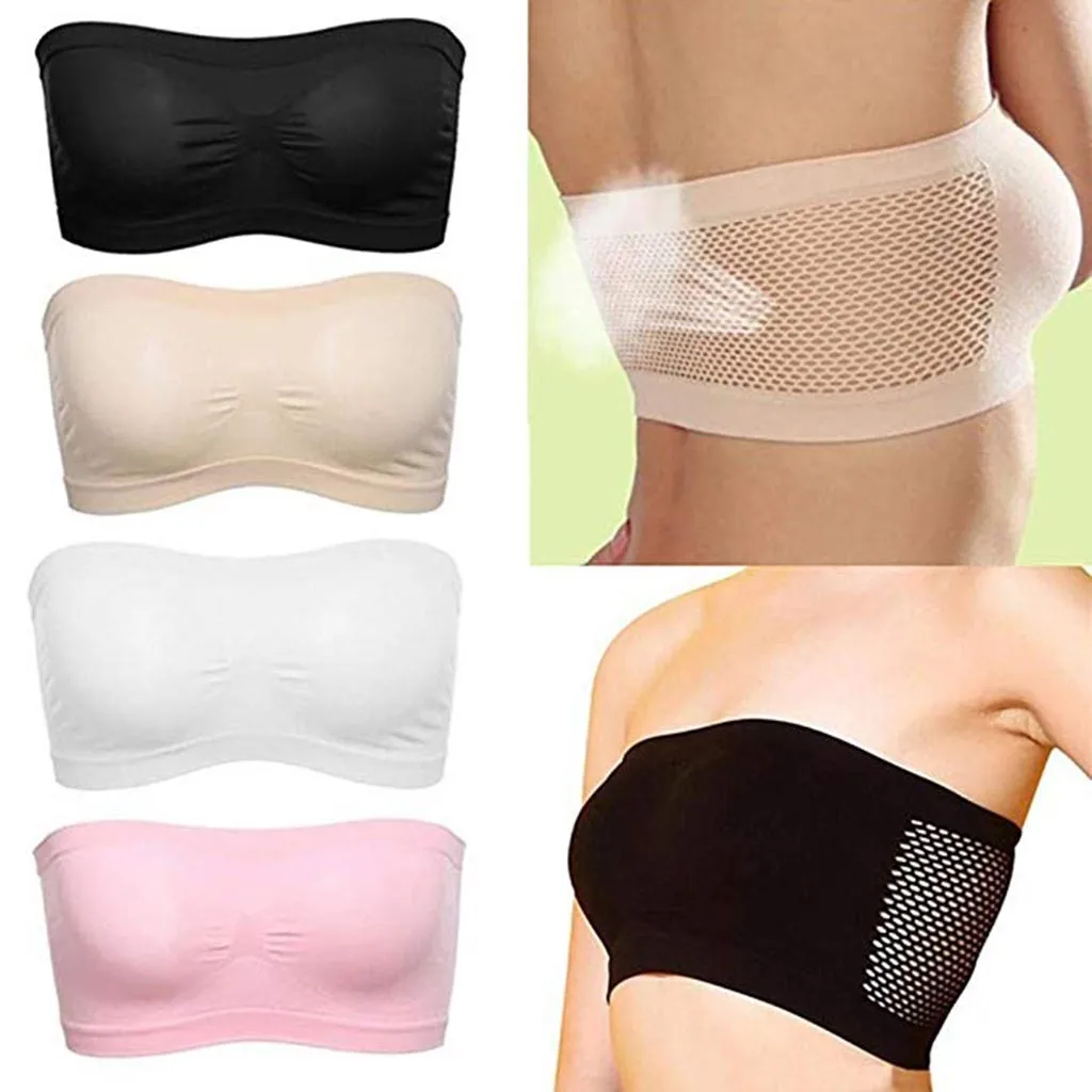 

Women Sexy Basic Stretch Layer Strapless Bra Hollow Seamless Solid Color Cropped Underwear Tube Top Push Up Soft Padded Bra