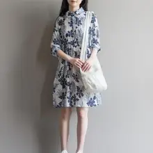 Летняя Новинка г. женское платье Art свободные проветрить печати Vestidos Половина рукава отложной воротник из двух частей комплект литературный платье