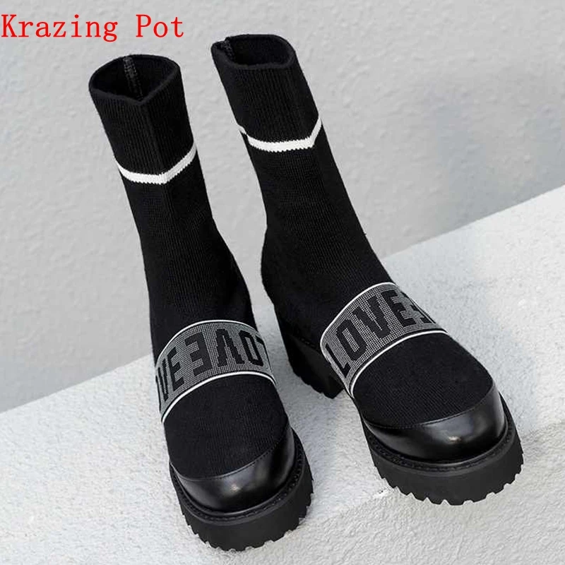 

Krazing Pot hot sale new vintage knitting stretch career boots style superstar round toe Hollywood movie star mid-calf boots L01