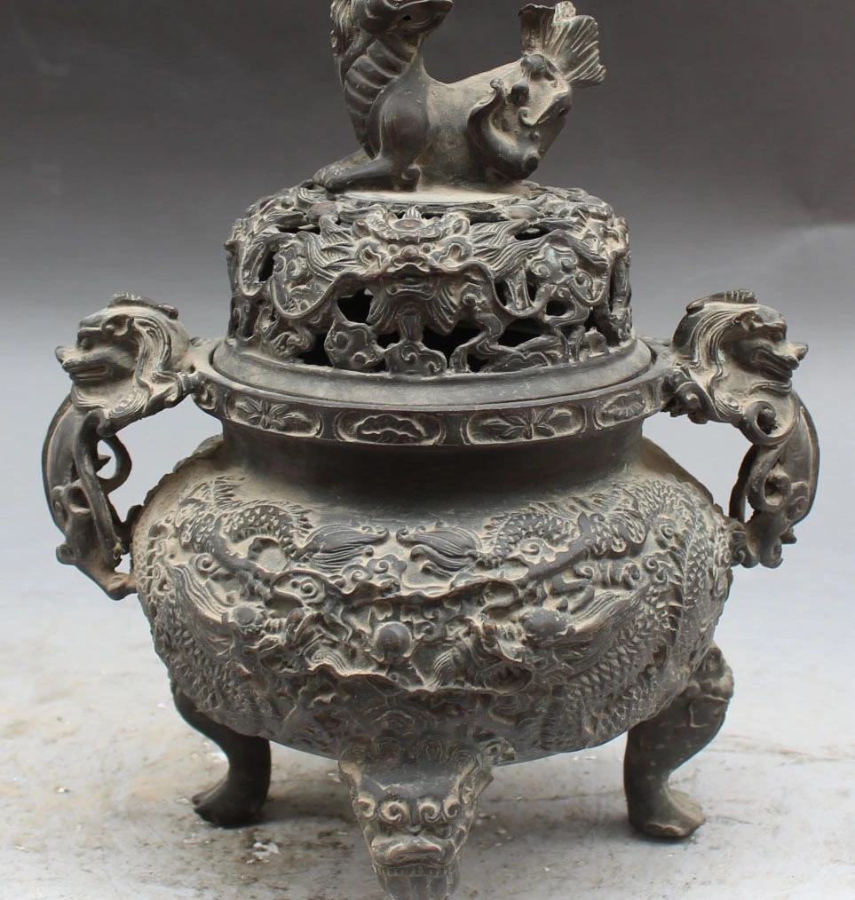 

free shipping 12" Marked Chinese Bronze Royal Palace Fly Dragon Lion incense Burner Censer Pot