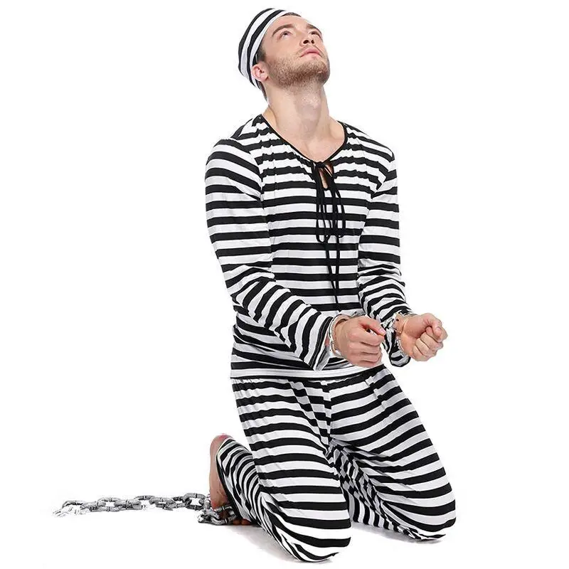 Fancy Dress Mens Convict Party Suit Black/White Striped Prisoner Costume 