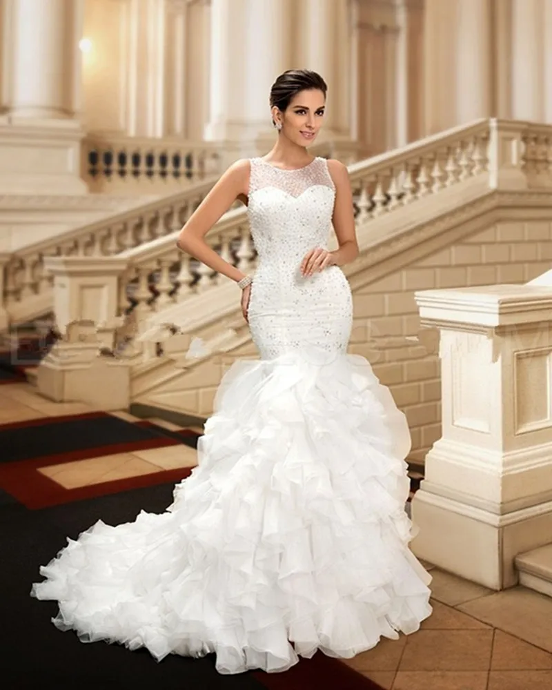 

O Neck Organza Pearls Beaded Ruffle Mermaid Robes De Mariage 2018 Vestidos De Novia bridal gown mother of the bride dresses