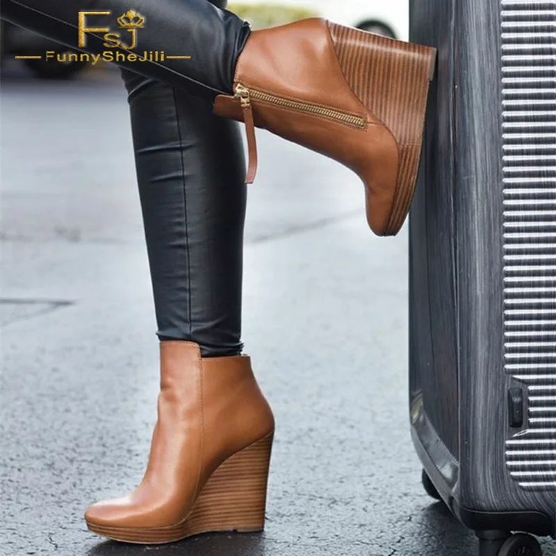 Fsj Brown Vegan High Wedge Heel Ankle 