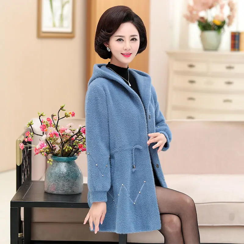 Норковая меховая куртка женская Новая Женская осенне-зимняя куртка с капюшоном из вязаной шерсти - Цвет: Синий