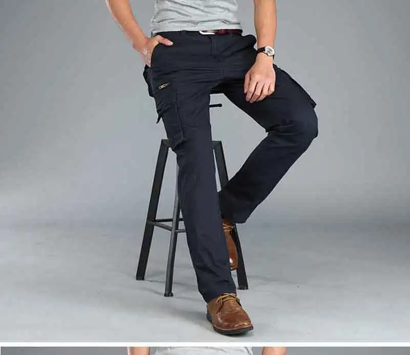 Новая мода сезон: весна–лето брюки-Карго карманы Для мужчин Повседневное хлопковые штаны прямые свободные брюки-багги мужской одежды джоггеры