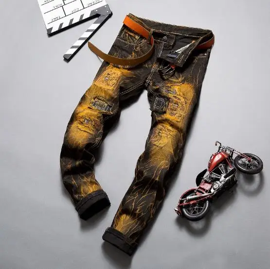 High Quality Male Denim Casual Pants Retro Winter Jeans Men Gold Painting Jeans Coated Slim Biker Jeans Pants pantalon homme