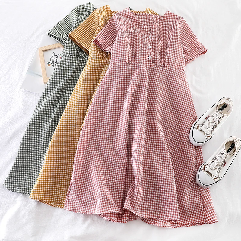

Korean Fashion Summer Women Plaid Dress V-neck Fashion Dress Vintage Cotton Checker Dresses