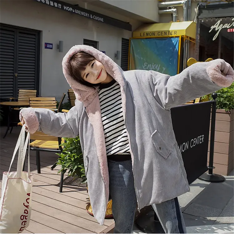 HARAJUKU ветер дамы зимняя мода Повседневное с отложным воротником карманов овечьей шерсти теплая толстый хлопок вельвет свободные куртки L220