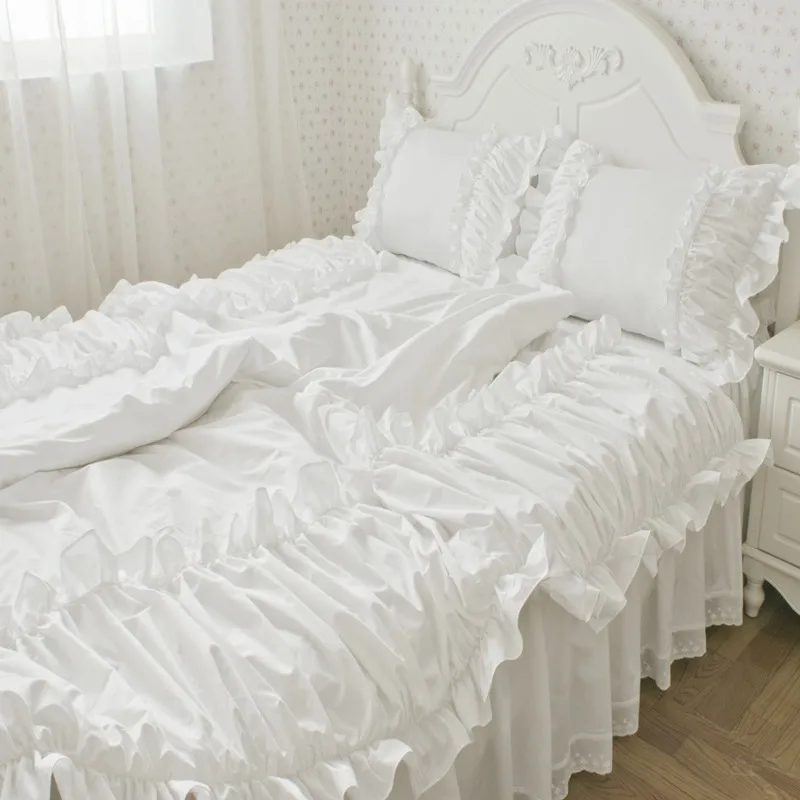 Free shipping 100%cotton satin Korean princess white ruffles luxury bedding lace embroidery bed skirt twin full queen king size