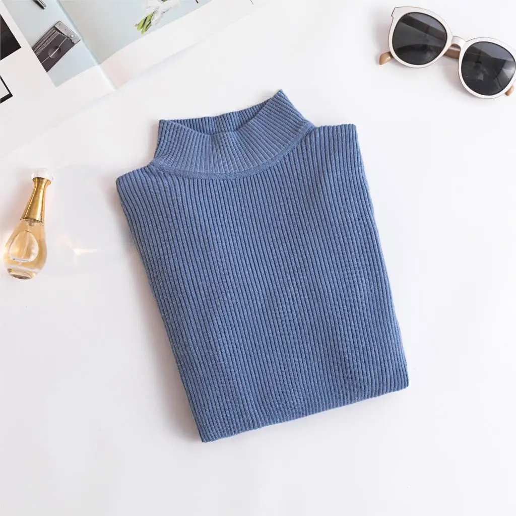 INS осенне-зимний женский тонкий вязаный пуловер, свитер, эластичный Повседневный джемпер, модные женские рубашки с половинным вырезом - Цвет: Blue-71