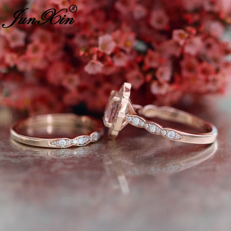 JUNXIN Vintage Oval Stone Big Women's Ring Sets 925 Silver/Rose Gold Filled AAA White Zircon Birthstone Engagement Couple ring