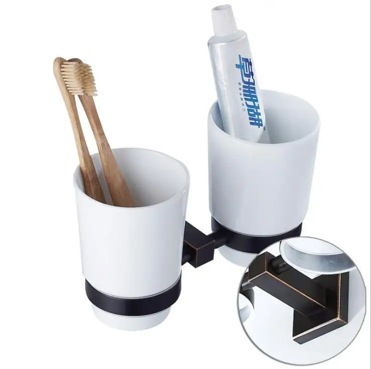 Black bathroom hardware pendant copper material black bronze rinse cup ceramic cup holder double holder 9037K