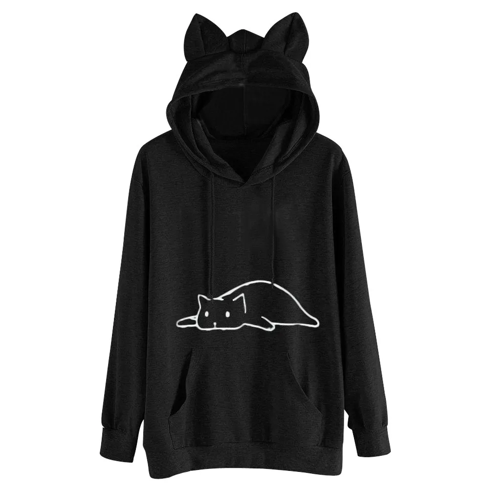 

Autumn Fashion Cat Ear Hoodies Bluza Damska Women Girls Solid Long Sleeve Cat Print Pockets Top Blouse Sweatshirt Loose Hoody