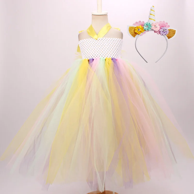 Pastel Rainbow Girls Unicorn Tutu Dress Princess Flower Girl Party Dresses with Headband Kids Birthday Halloween Unicorn Costume (5)