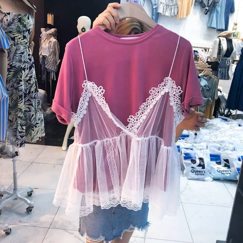 Camisetas Mujer Verano 2018 Летний Новый кружевной сетки слинг футболки женские в Корейском