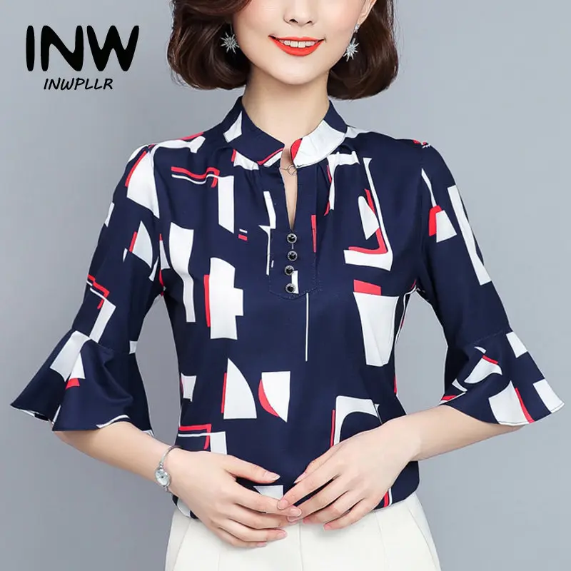 

Summer Blouses Shirts Women 2018 Fashion Chiffon Blouse Geometric Patterns Print Tops Large Size Flare Sleeve Blusas Femininas