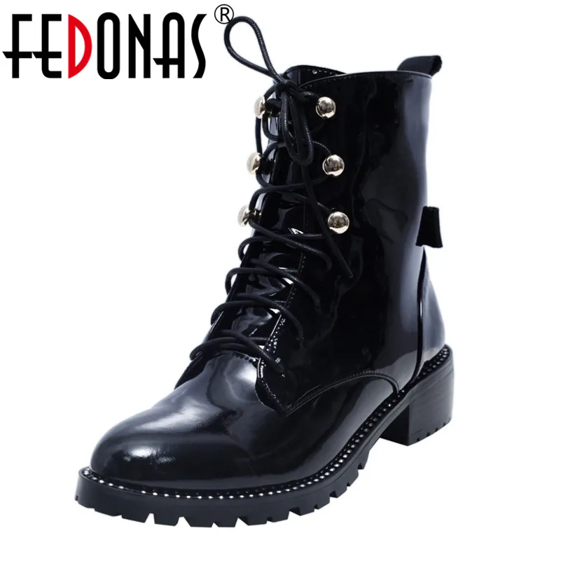 

FEDONAS Brand Fashion Women Lace-up Patent Genuine Leather Boots Thick High Heel Shoes Women Sexy Bowtie High Motorcycle Boots