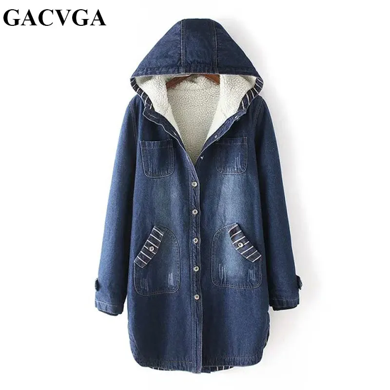 

GACVGA 2019 Warm Winter Hooded Denim Jacket Long Sleeve Loose Plus Size Women Lambswool Jean Coat Vintage Outwear chaqueta mujer