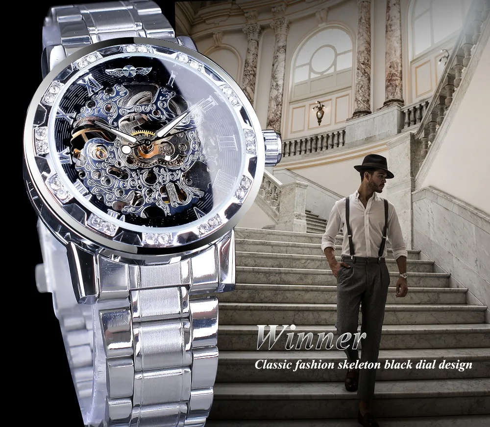 رفاهية الماس تصميم الأسود الهيكل العظمي ساعة الفضة الفولاذ المقاوم للصدأ رجالي ساعات آلية أعلى العلامة التجارية Relogio Masculino رفاهية الماس تصميم الأسود الهيكل العظمي ساعة الفضة الفولاذ المقاوم للصدأ رجالي ساعات آلية أعلى العلامة التجارية Relogio Masculino