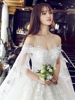 

Floral Applique Wedding Dress With Royal Train Sexy Boat Neck Wedding Gowns Lace Long Train Wedding Dress Vestido De Noiva