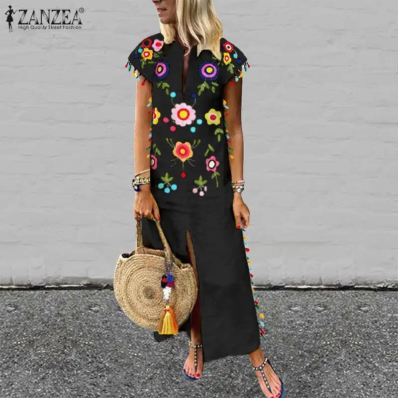 ZANZEA Plus Size Bohemian Floral Printed Sundress Women Summer Short Sleeve Split Hem Long Vestido Robe Casual Tassels Dress