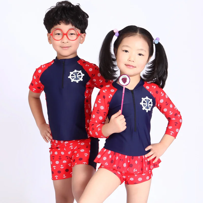 Boys and Girls Print Two pieces Swimwear with Caps Girl Long Sleeved