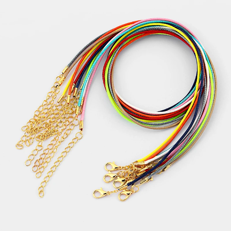 

50pcs Mixed Color 1.5mm Colored Wax Cord End With Gold Lobster Clasp 2inch Extend Chain Necklace Jewelry Cord