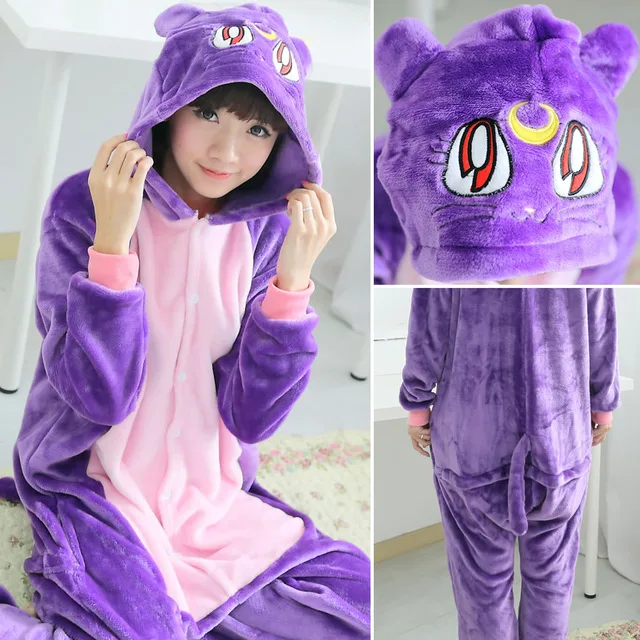 Women Unicorn Pajamas Sets Flannel Cute Animal Pajamas kits Women Winter unicornio Nightie Pyjamas Sleepwear Homewear - Цвет: purple cat