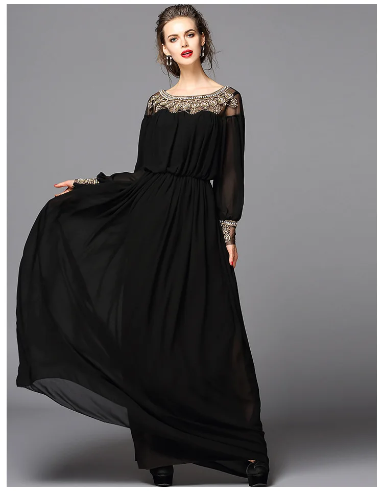 

New Arrival 2017 Spring Summer Women's O Neck Long Sleeves Beaded Patchwork Elegant A Line Runway Dresses 3 Colors Plus Sizes