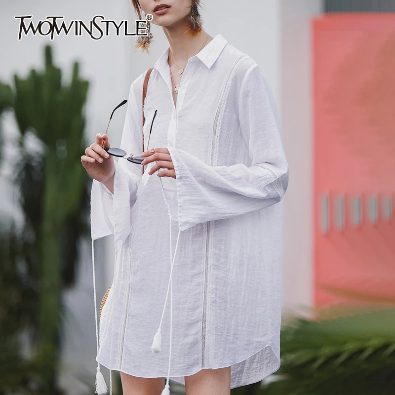 

TWOTWINSTYLE Casual Solid Shirt For Women Lapel Collar Long Sleeve Tassel Bandages Loose Blouse Female 2019 Fashion Summer