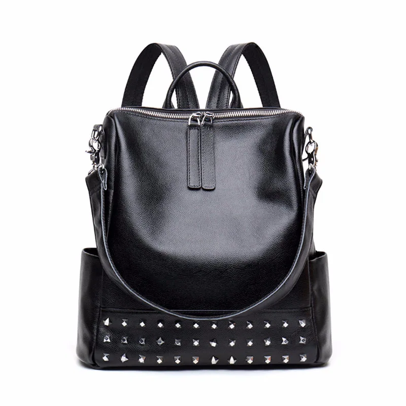 

Lisse Women BackPacks Genuine Leather Fashion Rivet Cow Leather dual Shouler Zipper School Bag For Girl