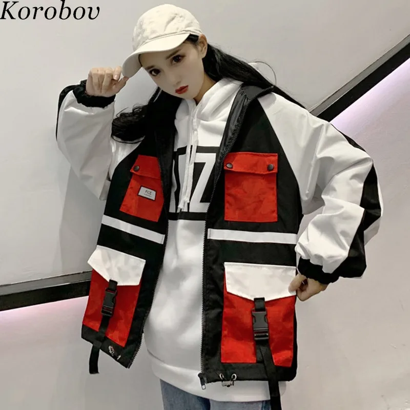 

Korobov Korean Loose Casual Female Jacket Harajuku Big Pockets Personality Paneled Jackets Female Patchwork Women Coats 76676