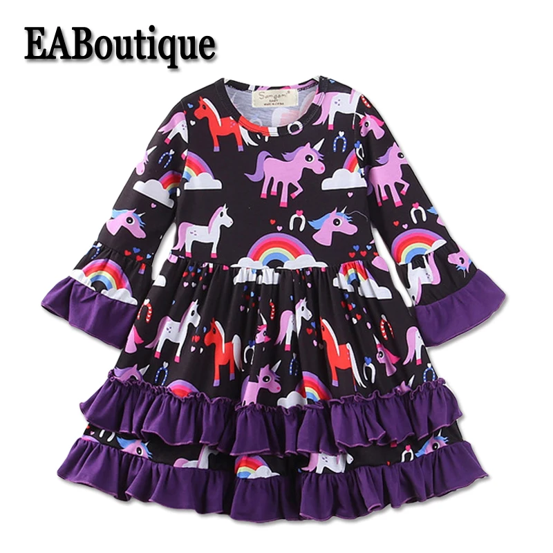 

EABoutique Winter Fashion Cartoon Girls Dress Purple Unicorn Long Sleeve Ruffle Dress Kids Party Layered Dress