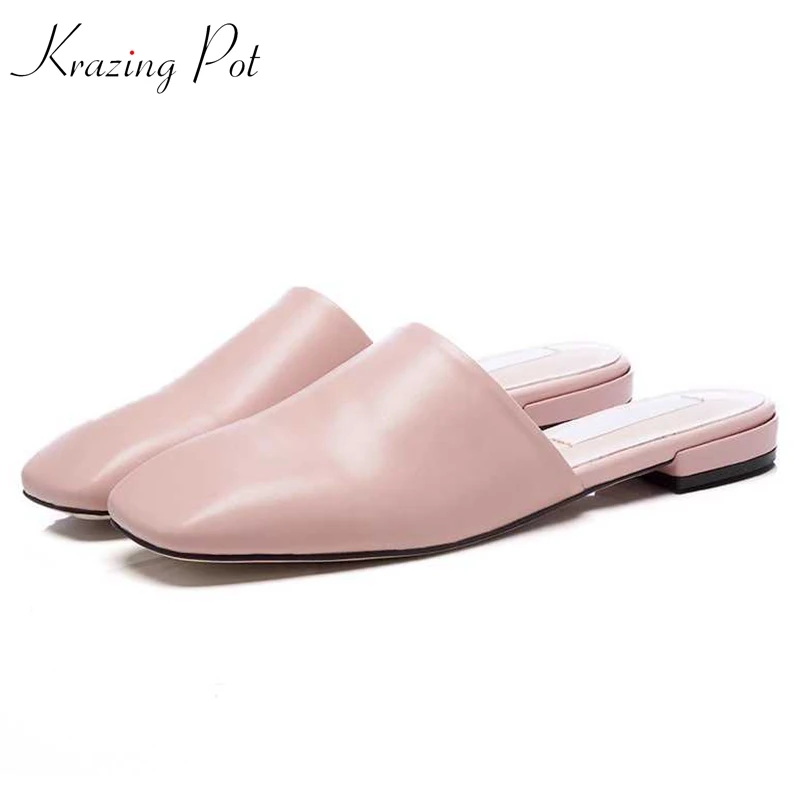 

Krazing pot cow leather flat with women soft shoes hollywood star runway model square toe sandals shallow outside slippers l50