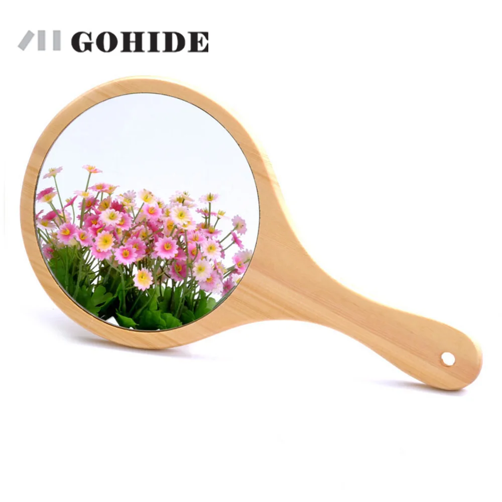 

JUH South Korea Style Simple Design Wood Mirror With Handle Large Size in Round Beauty And Health Material Makeup Mirror